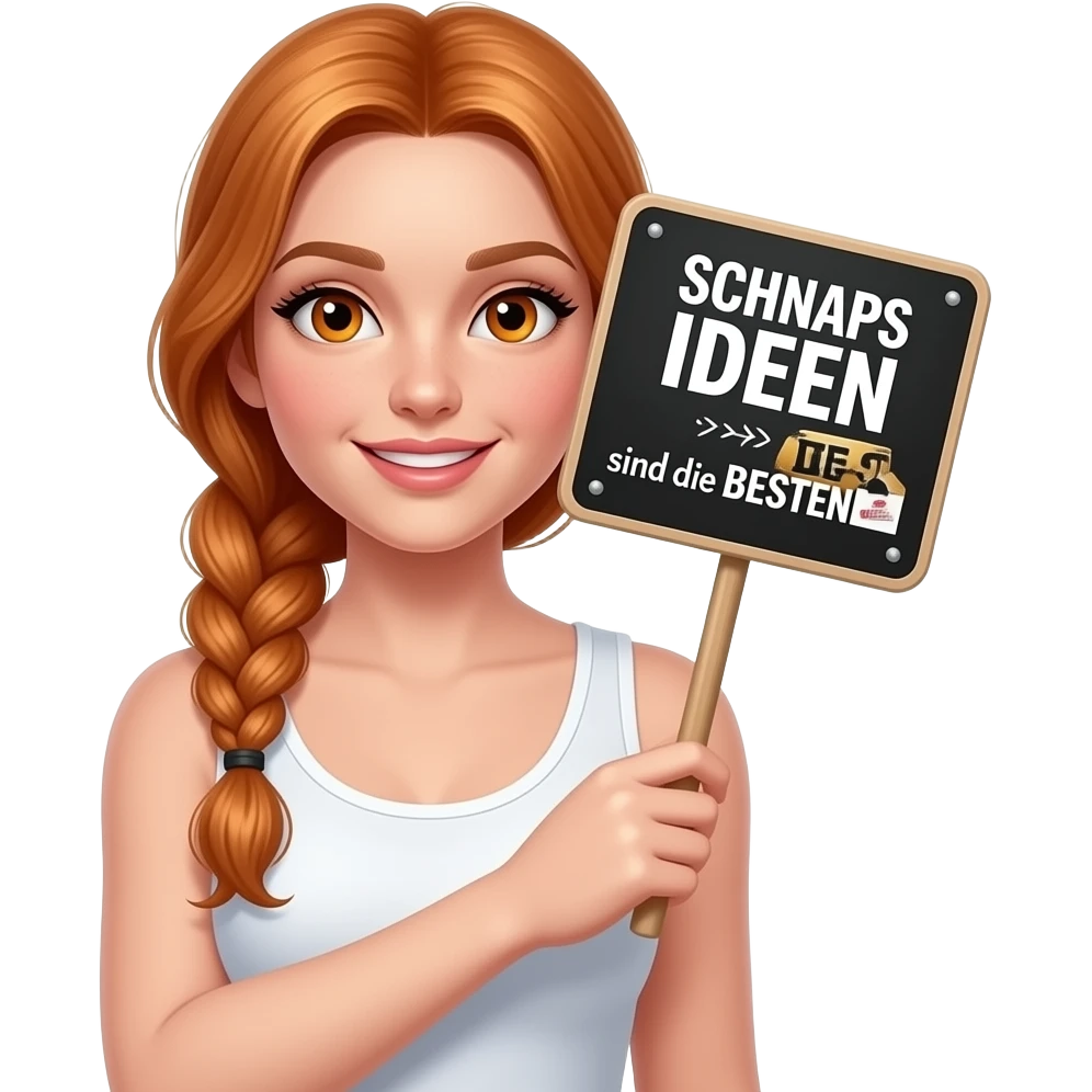 sexy girl with long ginger braids and ginger eyes wearing a white tanktop is holding a black sign with SCHNAPS IDEEN sind die BESTEN written on it emoji