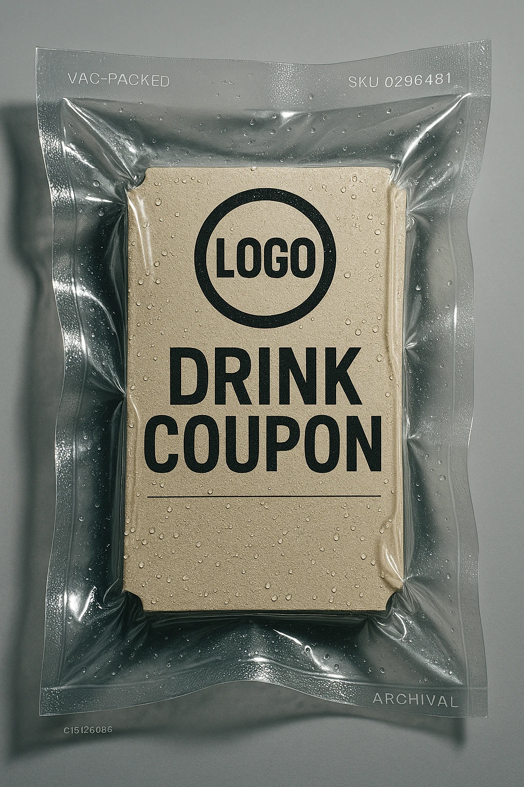 A detailed, realistic image of a drink coupon. The coupon should feature the attached logo prominently displayed on the package. Ensure the design is visually appealing, with clear text indicating it's a coupon for a drink, and incorporate realistic textures and lighting to enhance the lifelike appearance. emoji