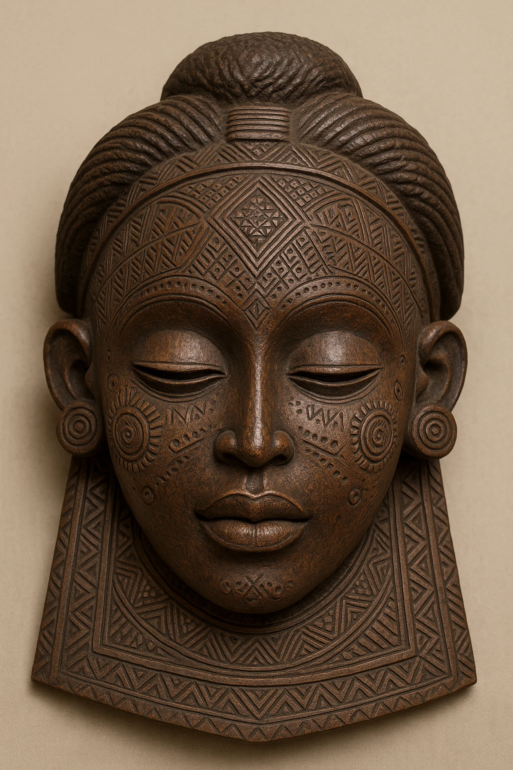 Mwana Pwo mask, traditional Cokwe Angolan mask, intricate carved wood, feminine features, tribal patterns, cultural artifact, neutral background emoji