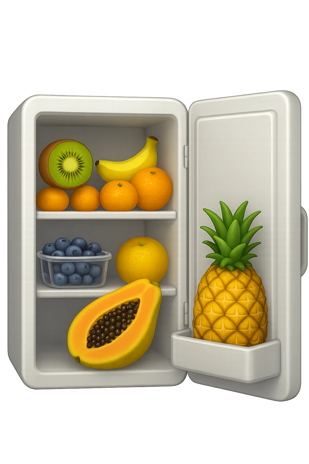 emoji stile iphone di un frigo aperto con dentro ben visibili questi alimenti: Kiwi
Banana acerba
Arance e mandarini
Mirtilli
Ananas
Papaya
IPERREALISTICO 4K emoji