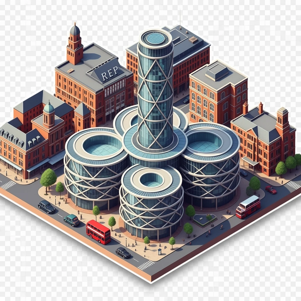 Isometric illustration of Birmingham, featuring the Library of Birmingham with its modern architecture, balanced between stylized and realistic, 3D miniature effect, transparent background. emoji