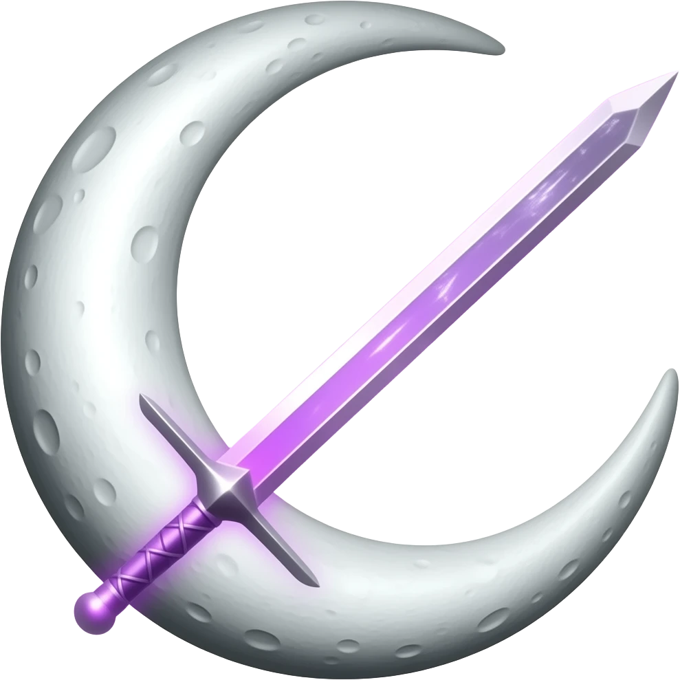 Crescent moon with sword, glowing violet, clean emoji icon, minimal, centered, transparent background. emoji