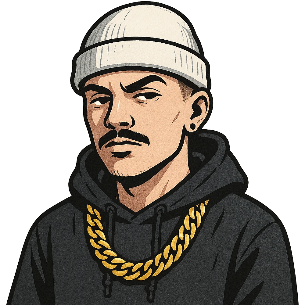 urban gangsta head, white skin, gold necklace, mustache, white beanie, cool vibe emoji
