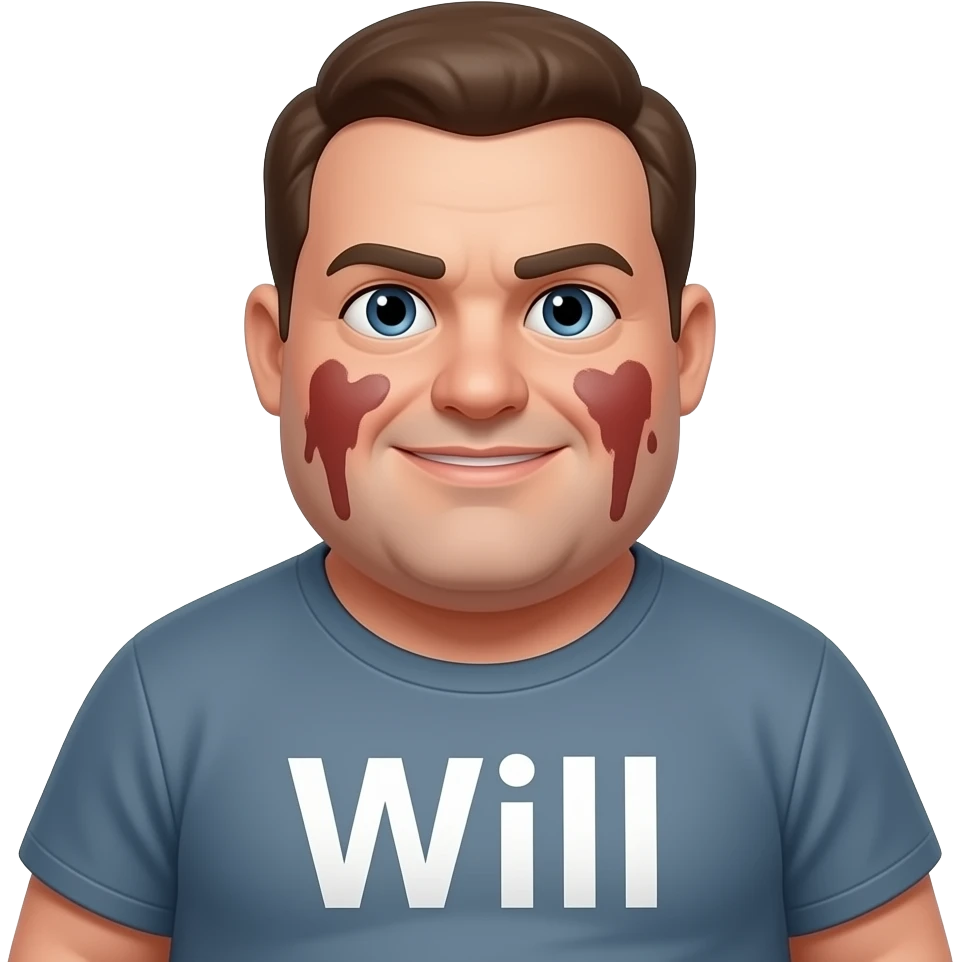 Personaje muy gordo, se llama Will. En su camiseta pone su nombre (Will). Muy GORDO y con toda la cara manchada de tanto comer. emoji