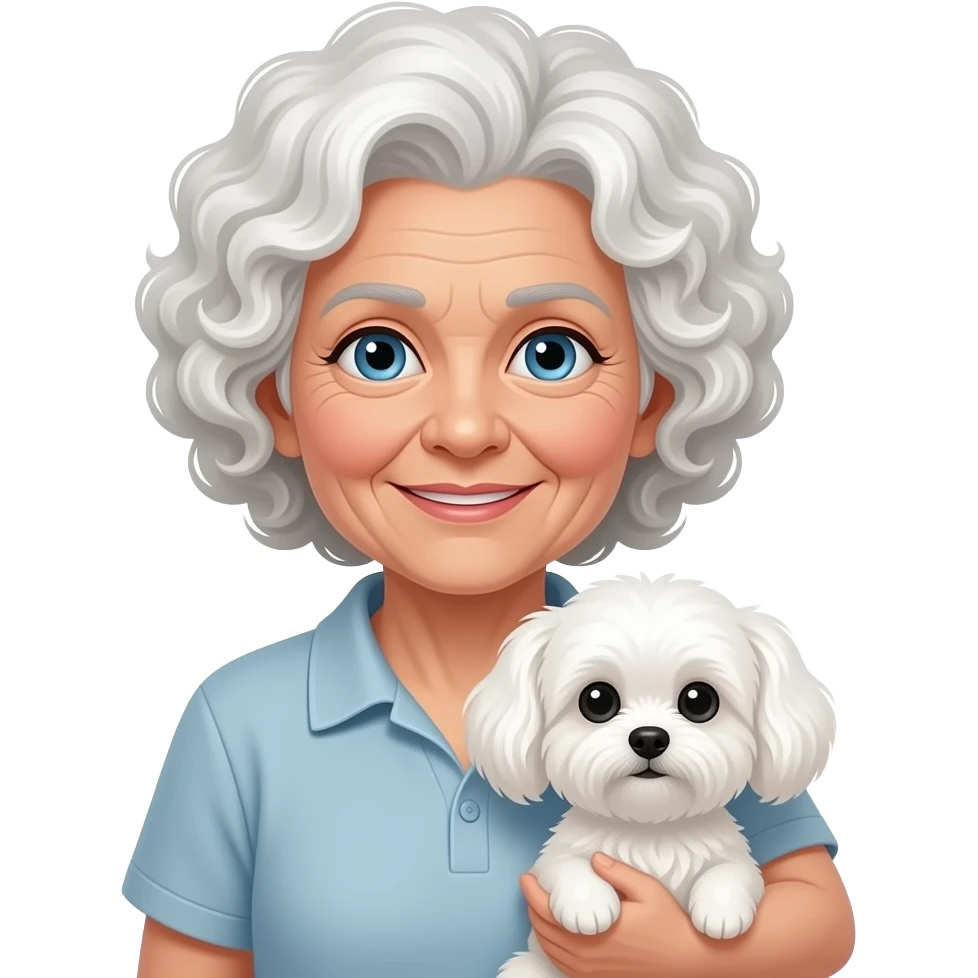 Elderly woman blue eyes very curly hair with maltese dog emoji