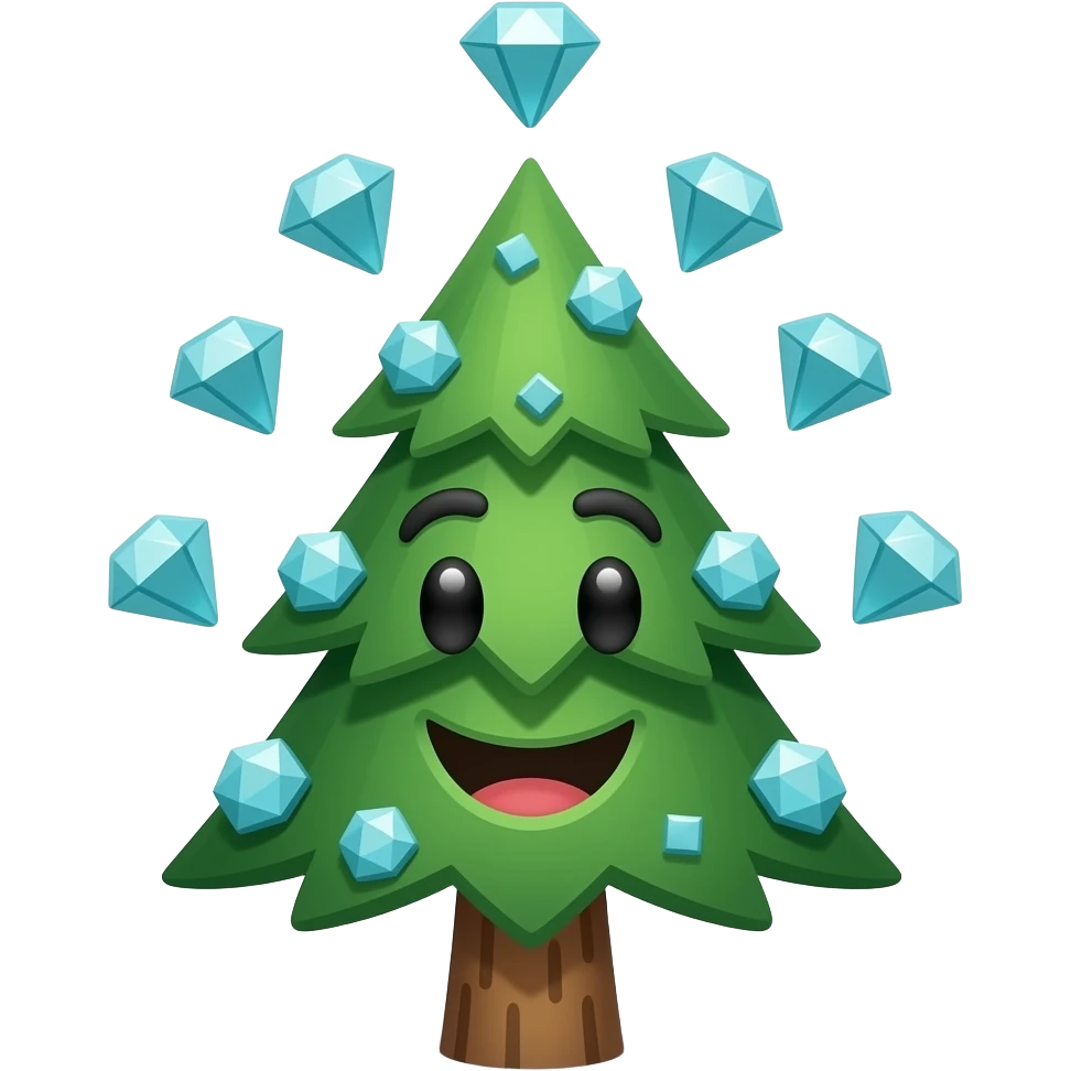 pine tree with a happy face, full of Minecraft diamonds, with diamond blocks falling from above, with transparent background emoji