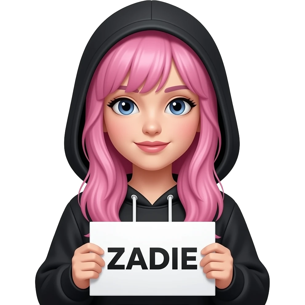 sexy girl with long pink hair wearing a black hoodie with the hood atop her head holding a ZADIE sign emoji