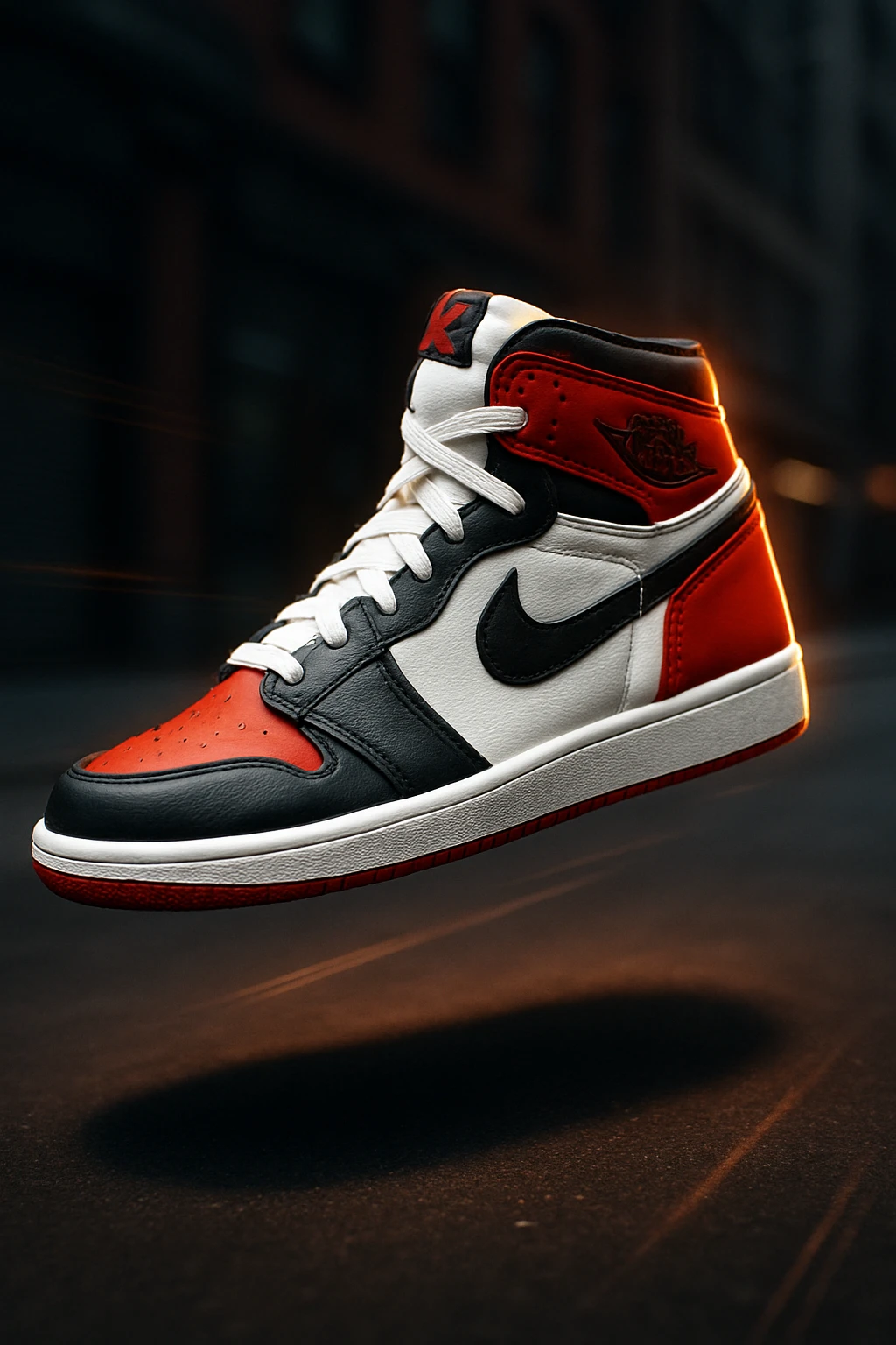 “A high-resolution image of an iconic Air Jordan sneaker floating in mid-air with dramatic lighting, shadow underneath, glowing edge highlights, bold red, black, and white color scheme, urban street background blurred, sharp focus on the shoe, cinematic depth of field, dynamic angle with motion lines, premium sneaker ad style.” emoji