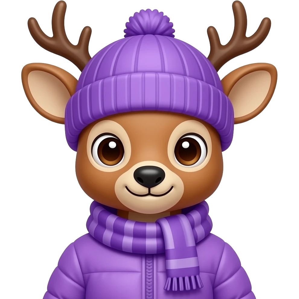 cute  Deer wearing purple Winter cloth , cap, closeup bust size emoji