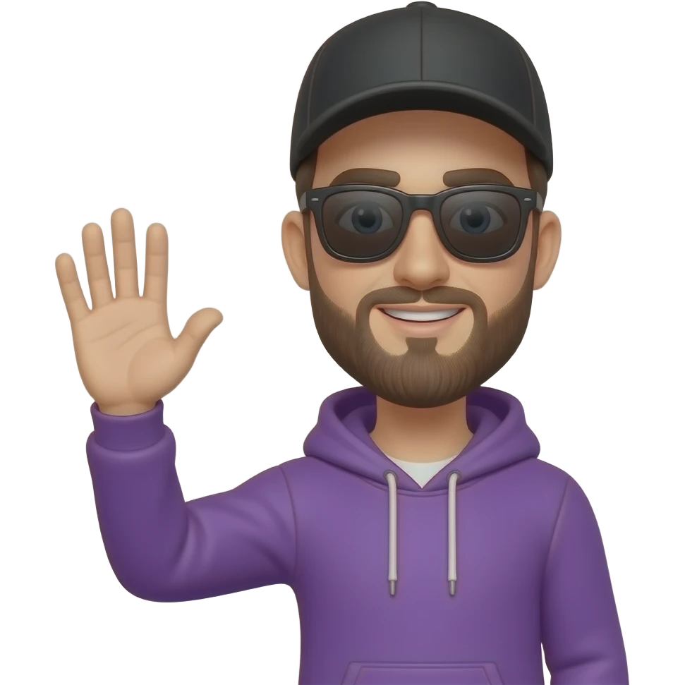 tall skinny guy with black basecap, circle-beard, purple hoodie, sunglasses waving hand emoji