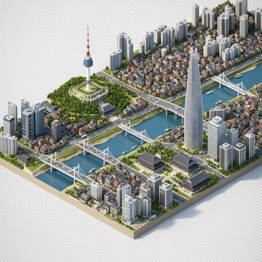 Isometric diorama of Seoul typical houses, Namsan Seoul Tower, Gyeongbokgung Palace, Lotte World Tower, Dongdaemun Design Plaza, and Han River bridges, 3D miniature effect and Tilt Shift effect, no cartoonish look, transparent background. emoji