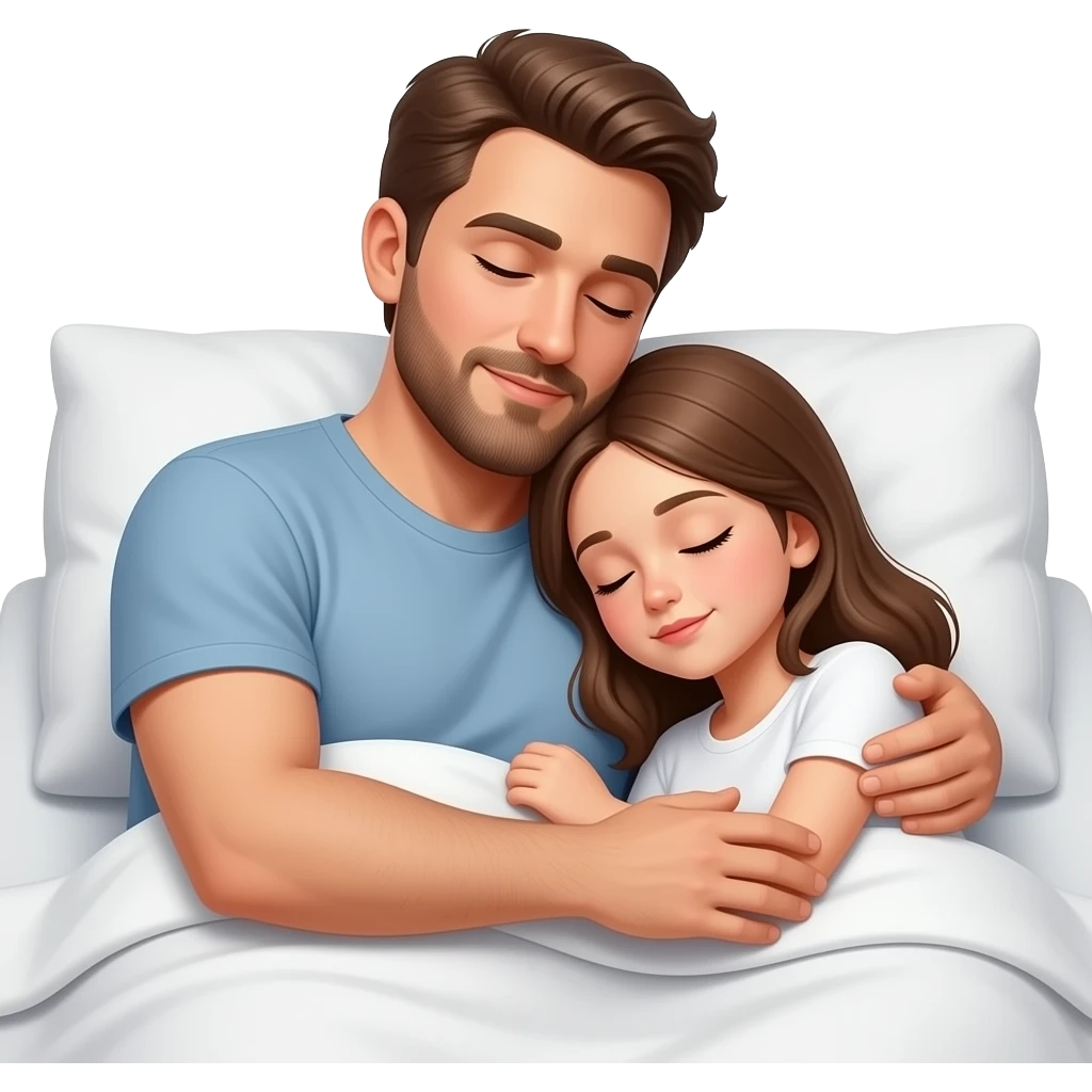 Realistic white man brown hair with beard hugging while sleeping in bed with white girl brown hair emoji