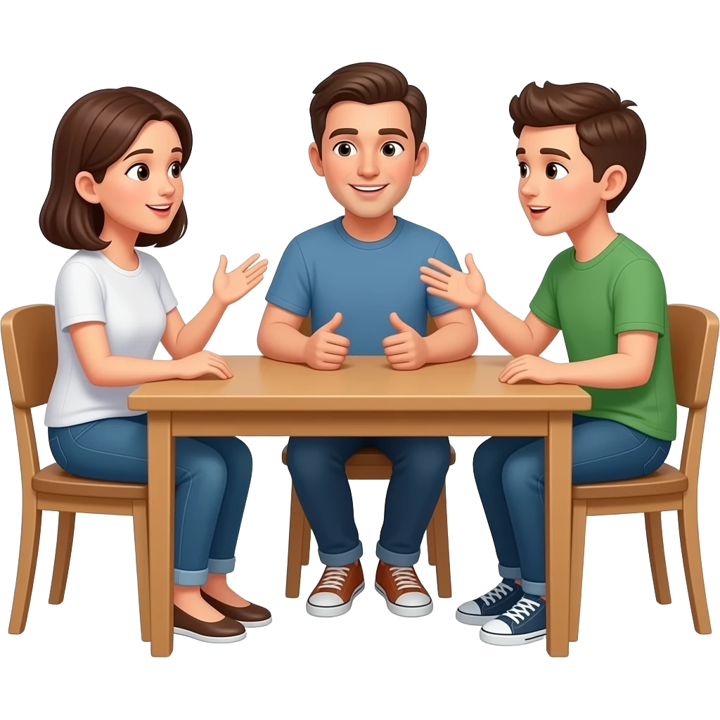 Dialogue between two adults and a teenager sitting at the table at home looking at each other in a conversational mood, hands moving, faces speaking emoji