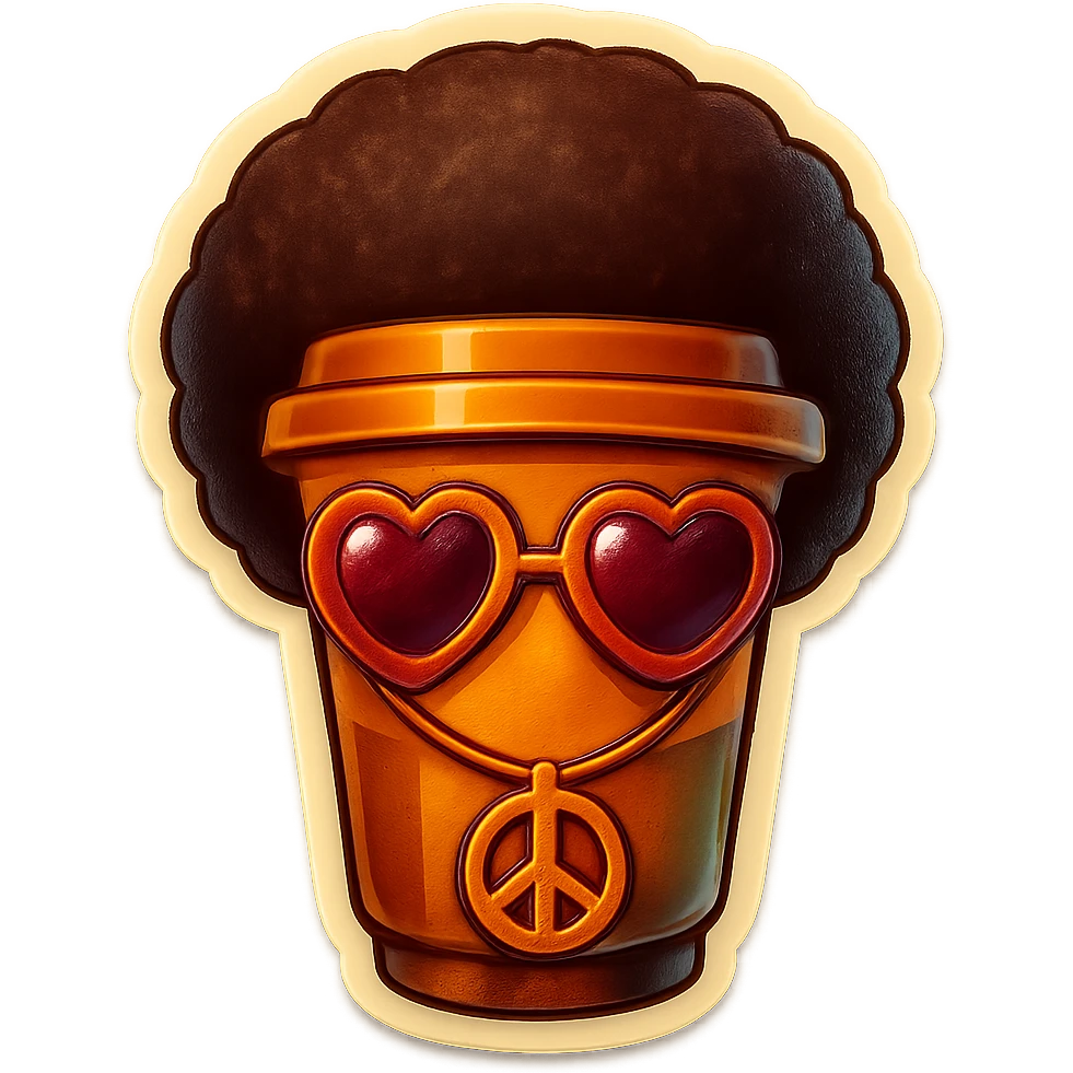 Tall coffee cup, no mouth, afro, heart glasses, peace sign necklace emoji