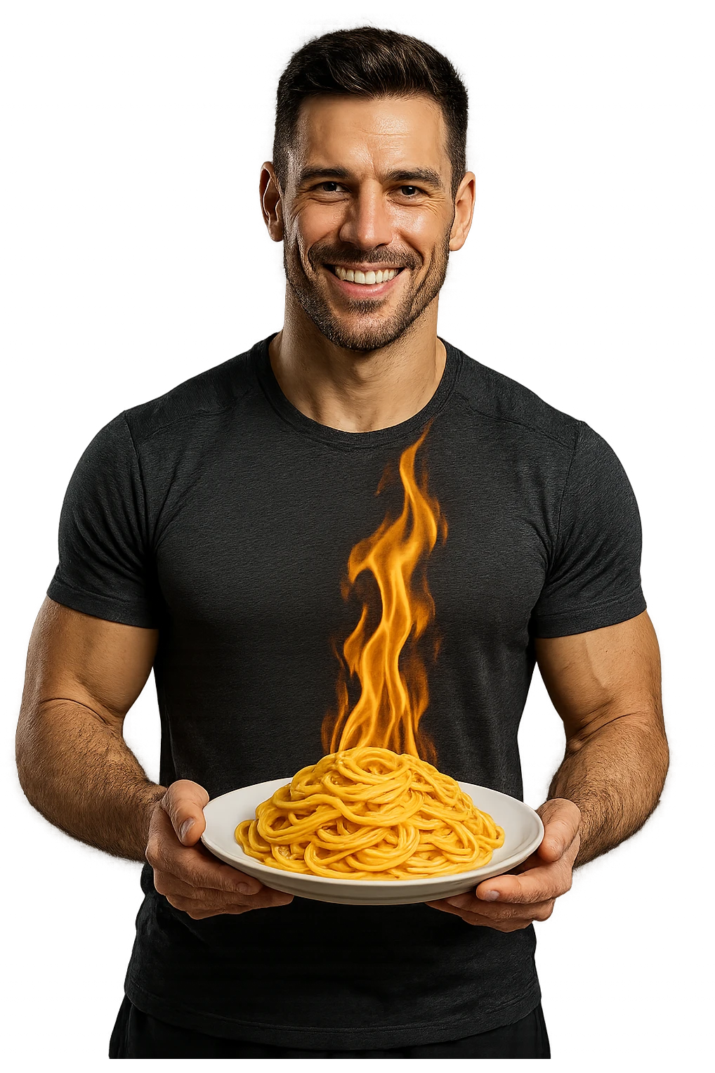 uomo fitness che tiene in mano un piatto di pasta con una fiamma sopra come se stesse simbolicamente bruciando le kcal della pasta, iperrealistico 4k emoji