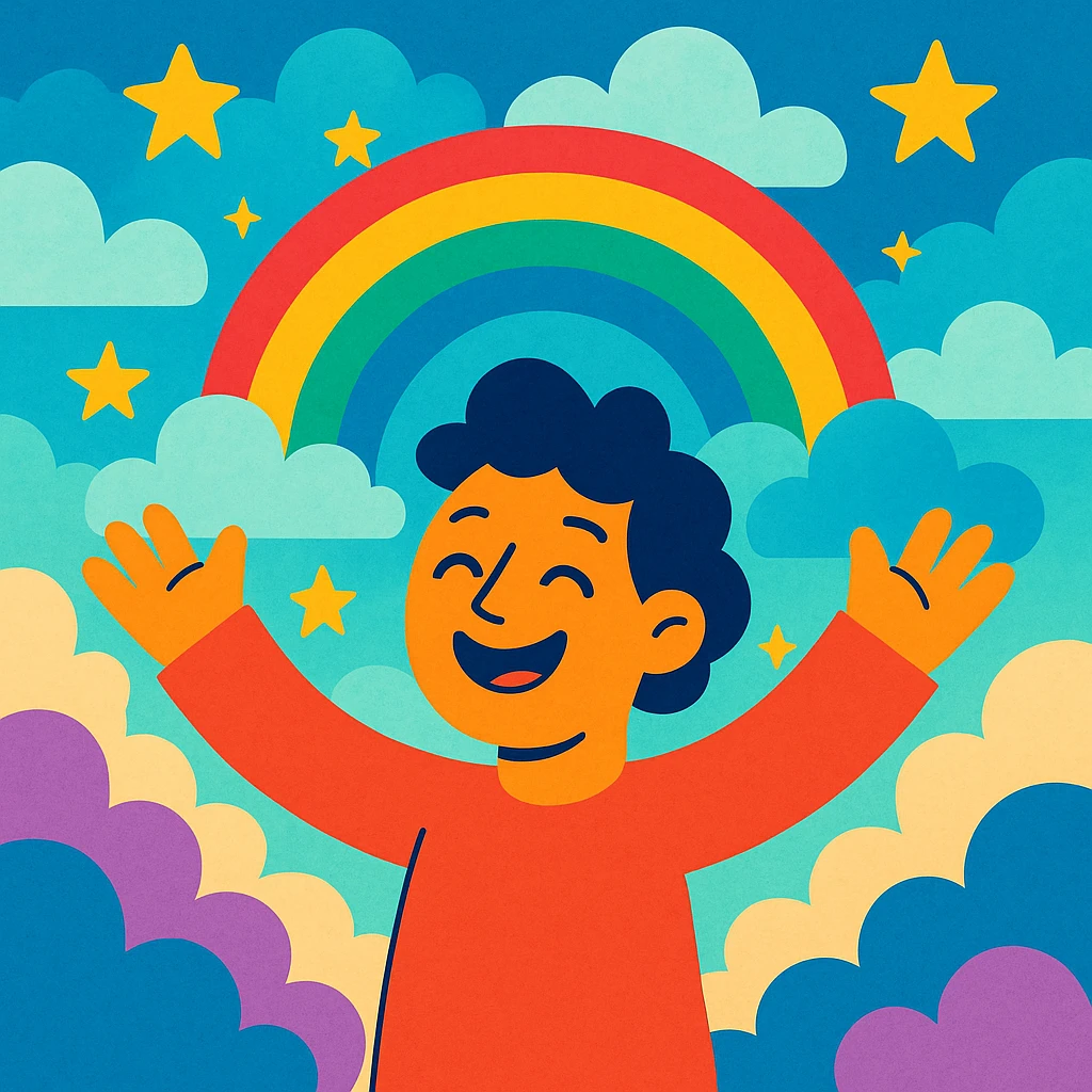 dream life as a colorful, whimsical scene with clouds, stars, and a happy character, in vibrant toon style emoji