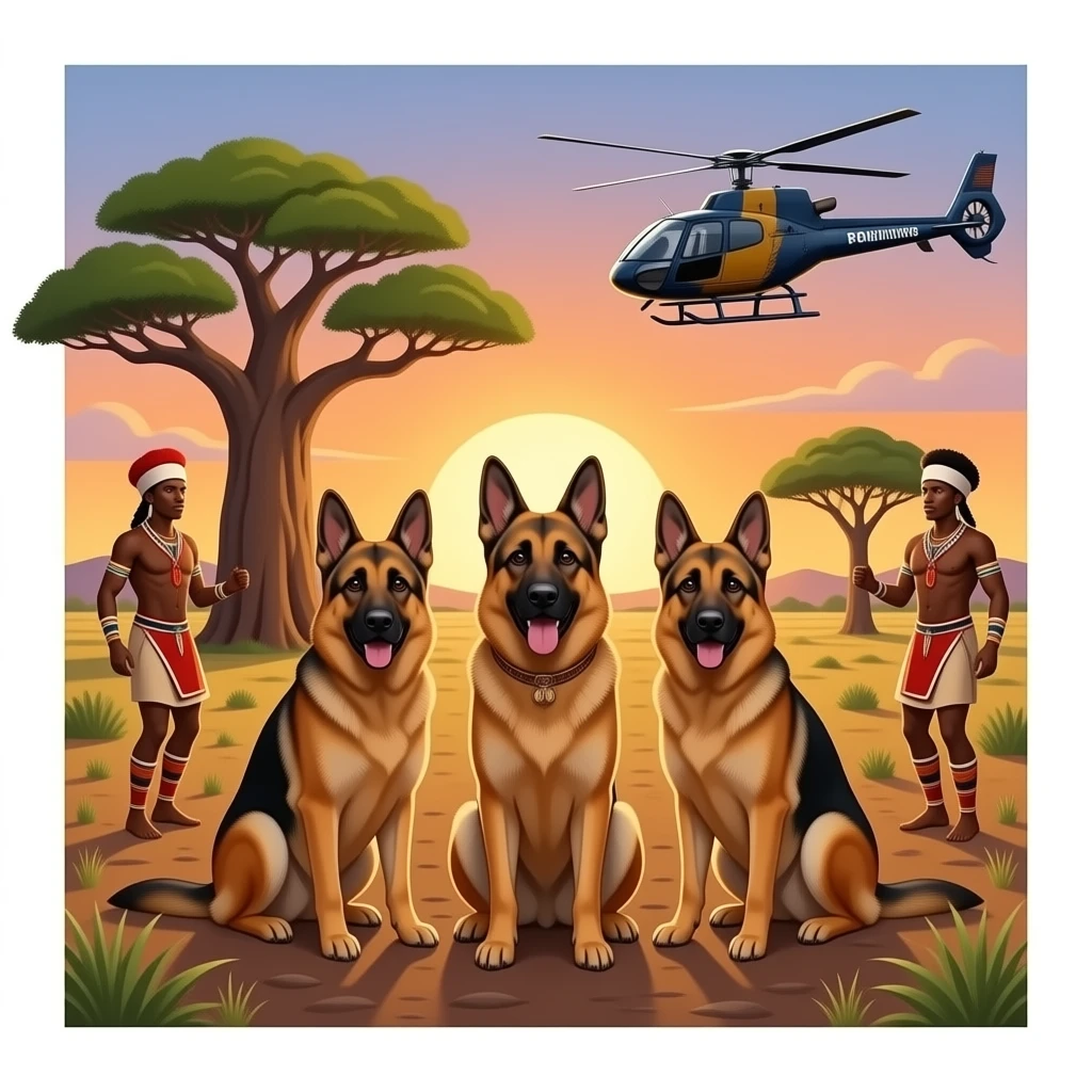 3 k9 german sheppards surrounding african savanna plains sunset boabab backed by traditional dancers (basarwa) rythm sunset helicopter anti poaching emoji