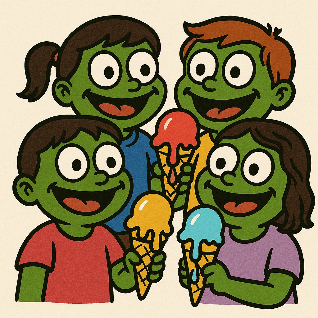 happy children with melting ice cream cones emoji