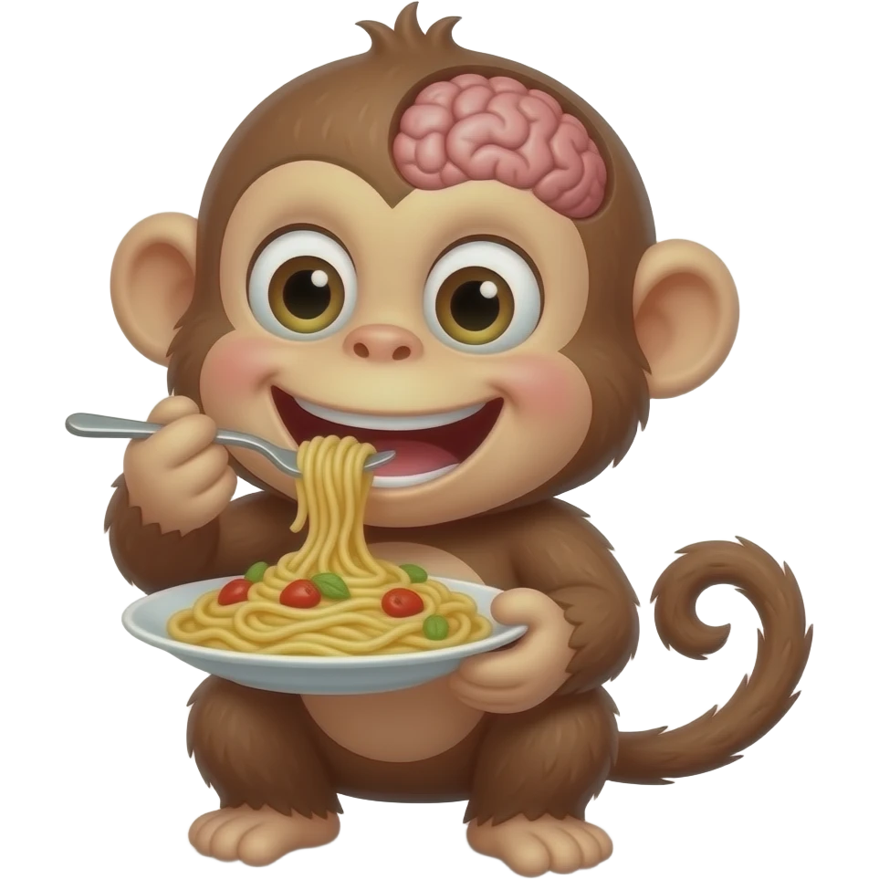 A monkey eating spaghetti and watching brain rot emoji