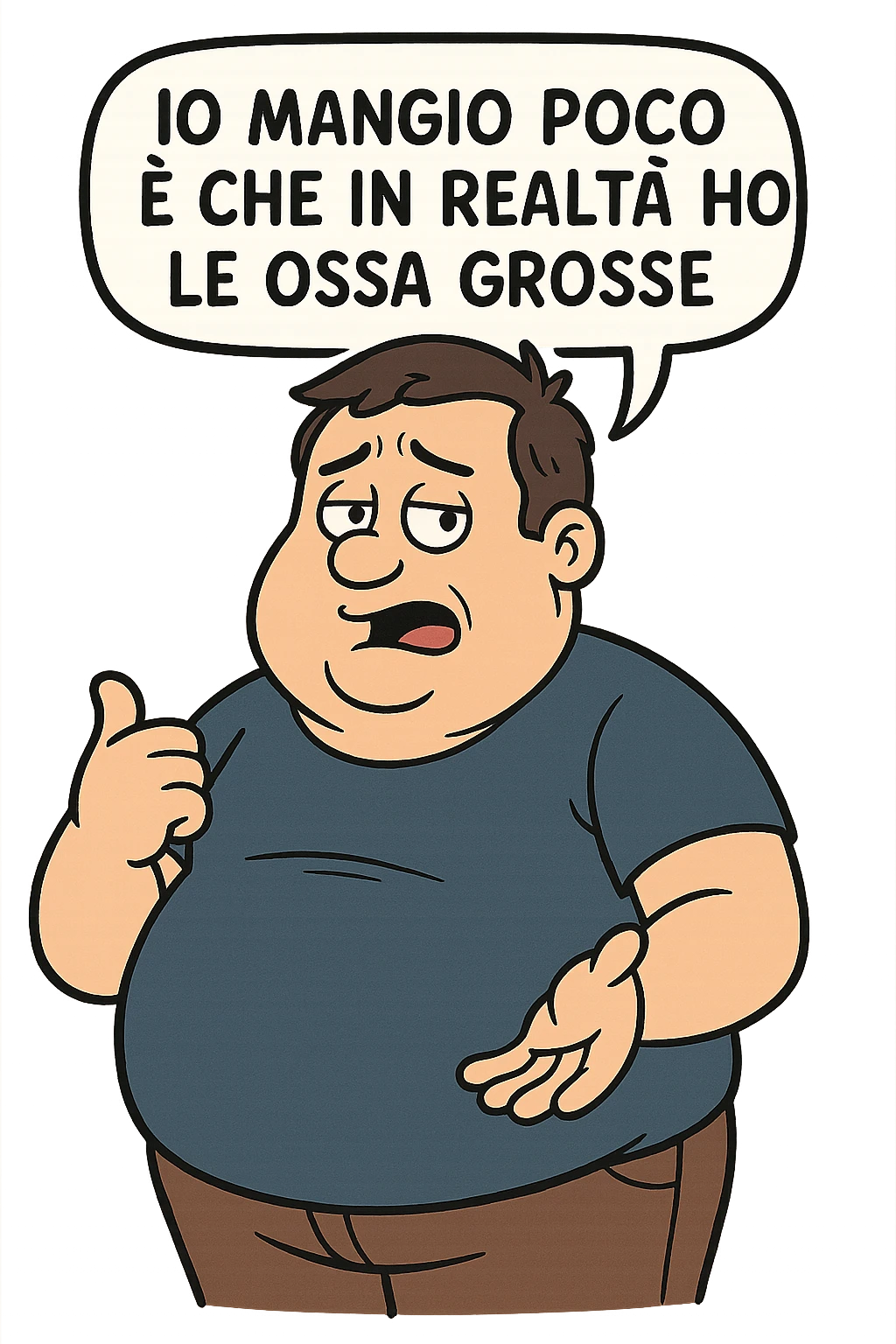 uomo che dice "Io mangio poco è che in realtà ho le ossa grosse" , trovando scuse per il suo peso corporeo emoji