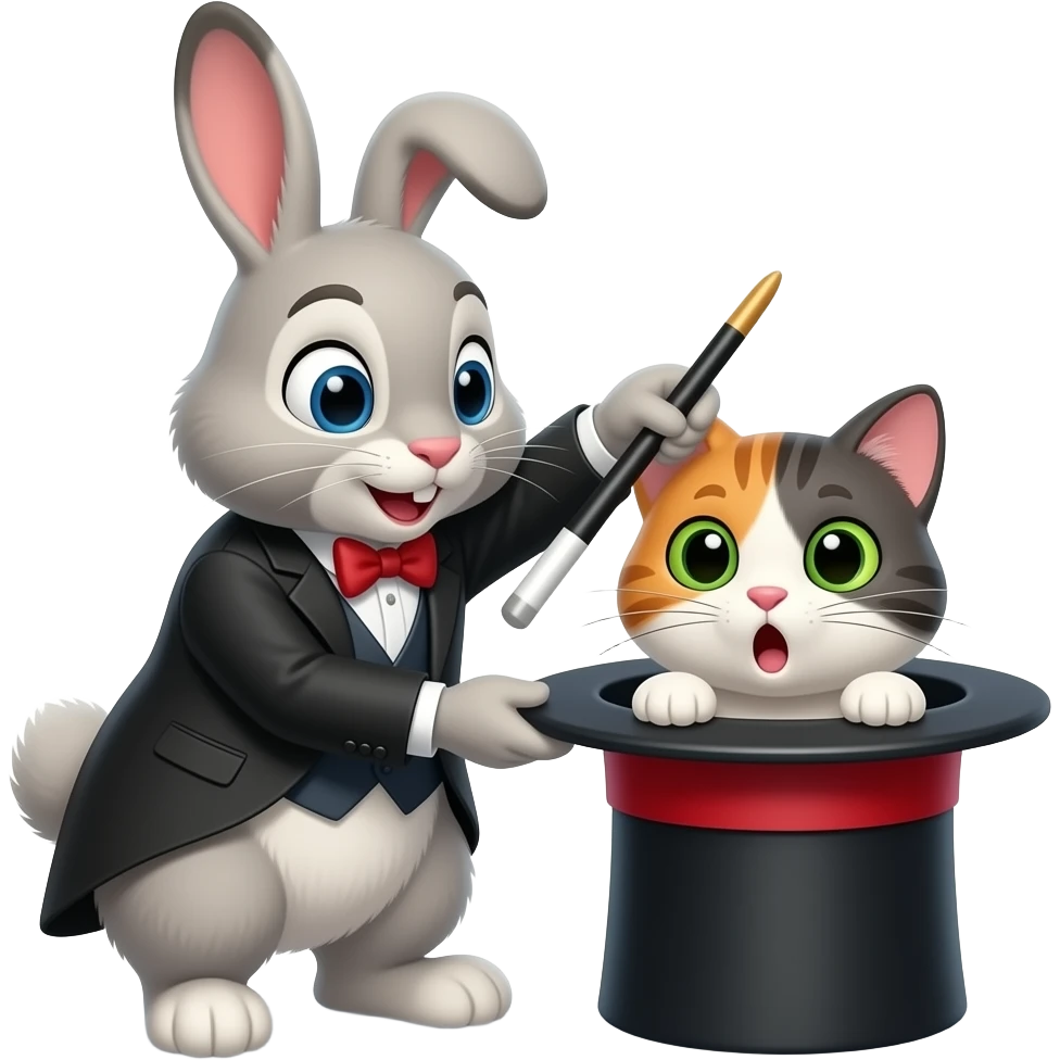 Hazme a un animinal haciendo magia y sacando otro animal de la gorra y que este como sorprensido el animal que esta dentro de la gorrra emoji