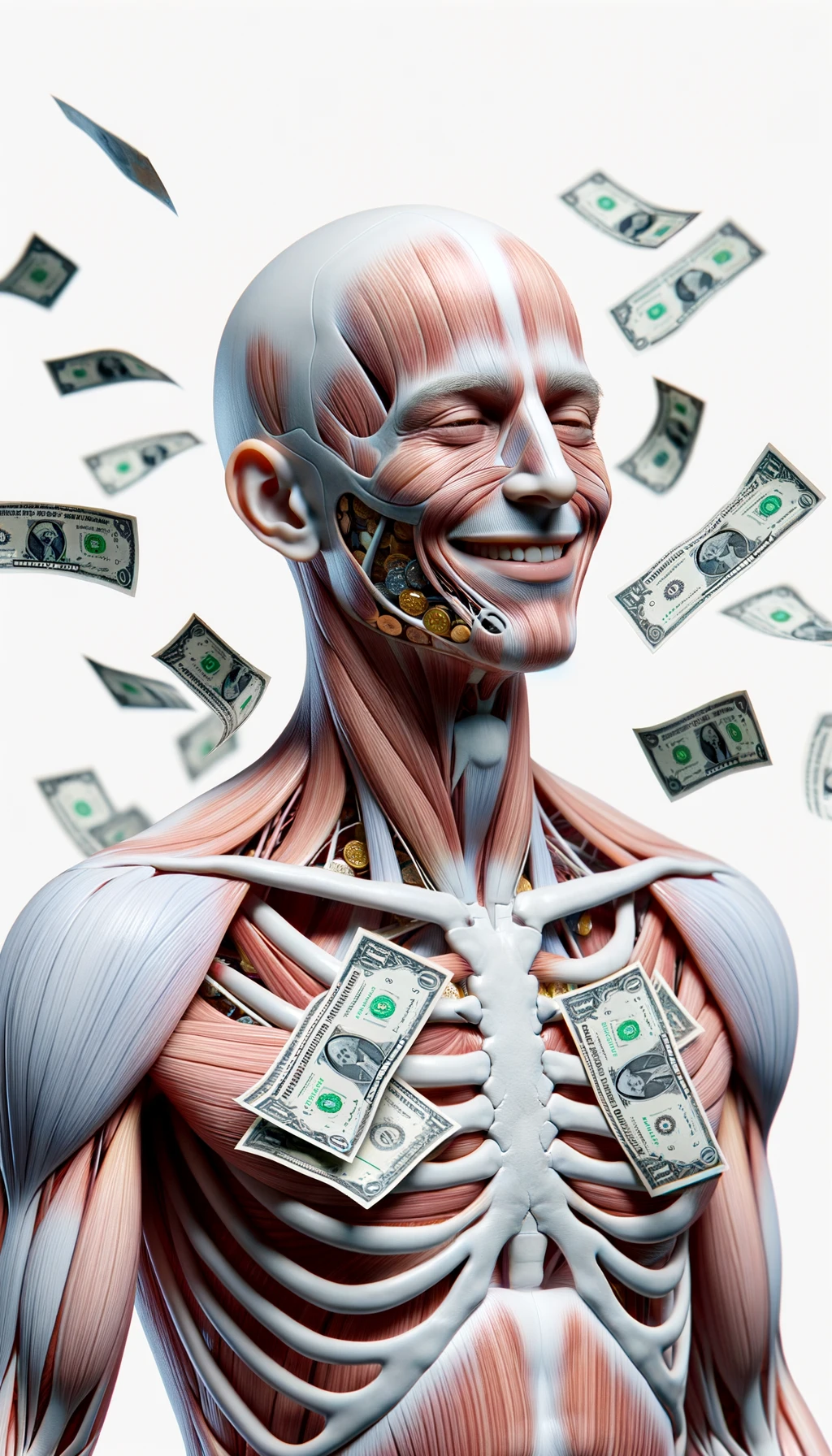 corpo umano anatomico sereno e felice con banconote sparse appiccicate sul corpo, colori realistici del corpo, espressione stupita, iperrealistica 4k, isolato su sfondo bianco emoji