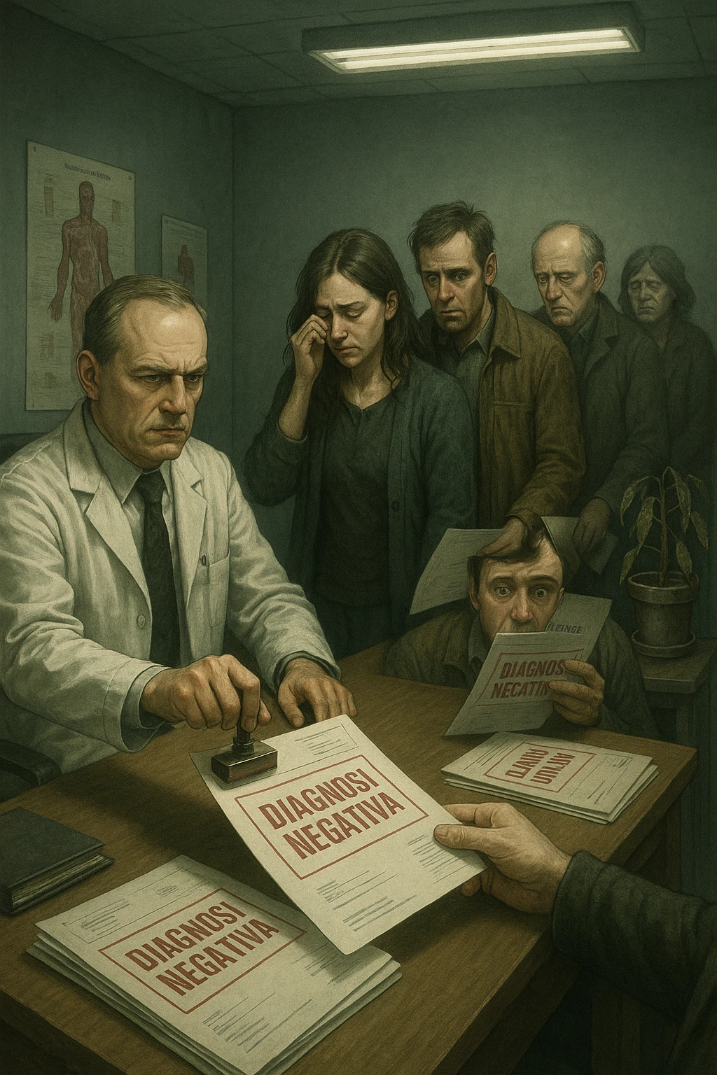 A realistic, cinematic illustration set in a dull, grey-toned medical office. A middle-aged male doctor in a white coat with a stern, cold expression is seated at his desk, handing out medical reports with large red ‘Negative Diagnosis’ stamps to each patient in line. The patients, of various ages and appearances, stand in a line, each looking increasingly sad, defeated, and demoralized as they receive their papers, with slumped shoulders and empty gazes. One young woman wipes away a tear, while a man stares at the paper in shock. The background shows medical posters, a faded plant, and harsh fluorescent lighting, emphasizing the cold, mechanical environment. The mood is heavy, illustrating how negative diagnoses delivered without empatia can deeply affect the mental health and morale of patients. The style is realistic, with subtle filmic grain, emphasizing emotional impact and the weight of medical words on people’s lives. in italiano emoji