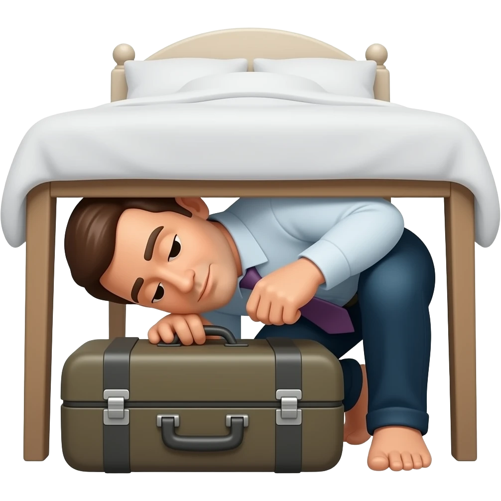 Homme qui cache sa Valise sous un lit emoji
