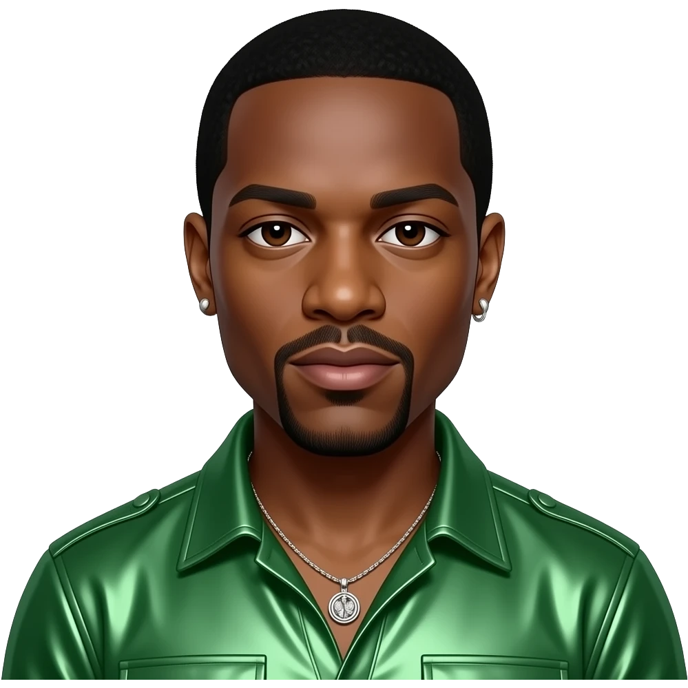 Andre 3000 from Outkast with dark brown eyes, black hair, green metallic shirt, necklace and earrings emoji