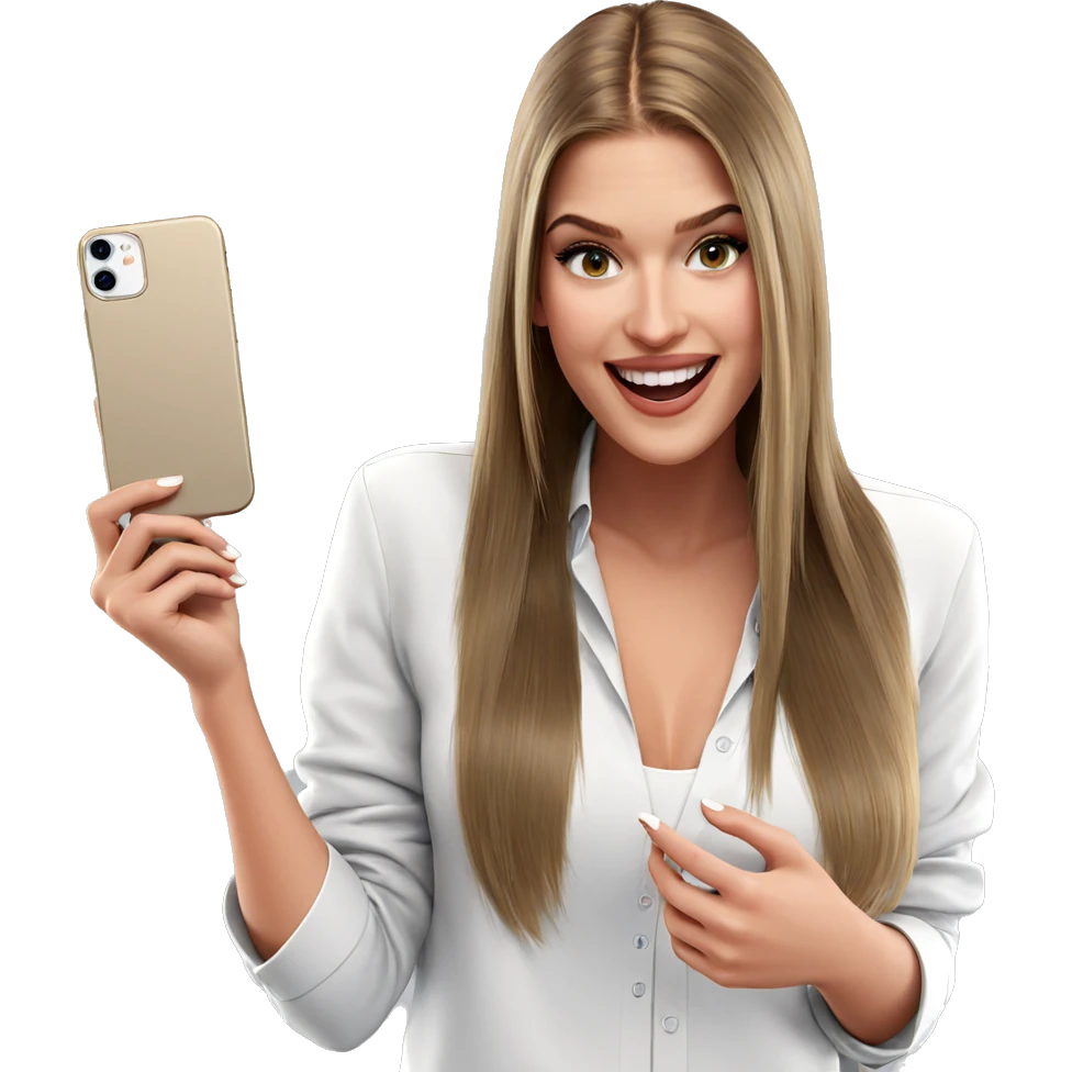 smiling girl with cellphone emoji