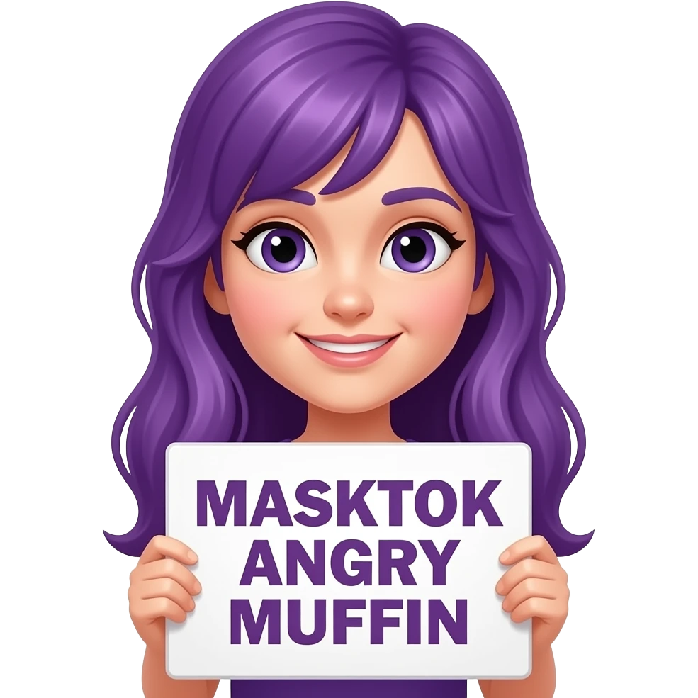 girl with long purple hair with a MASKTOK ANGRY MUFFIN sign emoji