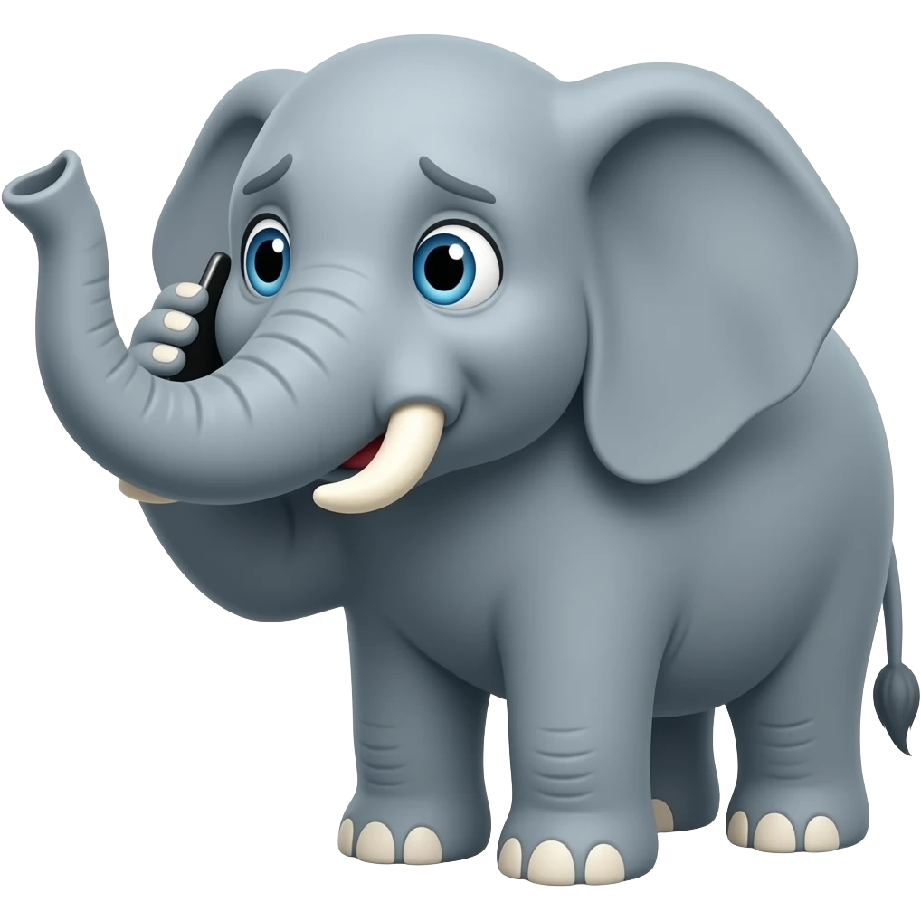 elephant face holding a smartphone on the trunk up in the ear talking on the phone. worried face emoji