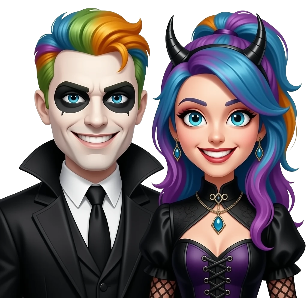 Man and woman with evil expressions smiles and funky hairstyles and gothic attire emoji