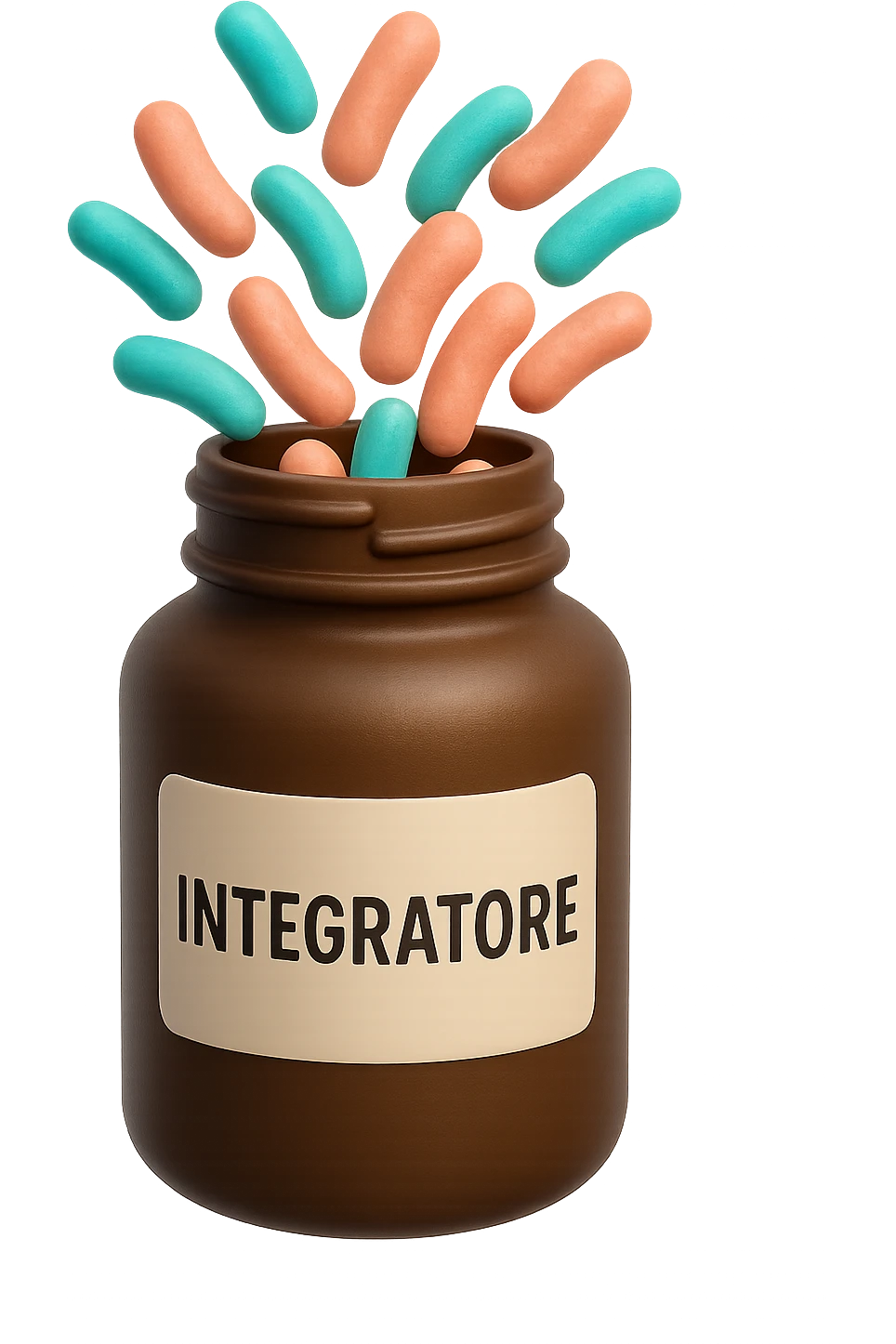 EMOJI STILE IPHONE DI boccetta di integratore con la scritta "INTEGRATORE" SULL'ETICHETTA, con batteri intestinali turchesi e rosa salmone che escono, IPERREALISTICO 4K emoji