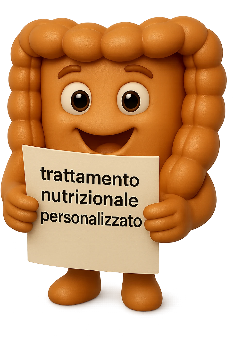 emoji stile iphone di un intestino realistico felice che legge un foglio con la scritta "trattamento nutrizionale personalizzato", non fargli il naso, iperrealistico 4k emoji