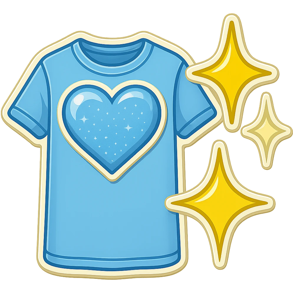 Edit the light blue t-shirt emoji in the exact style of the provided reference images. Place the sparkles outside the t-shirt, not on it. Keep the background transparent. emoji