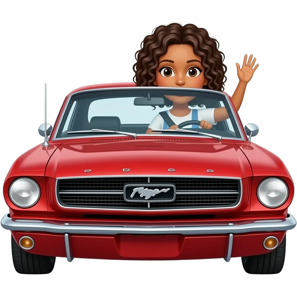 Girl with black curly hair driving a red Ford Mustang 1968 coupe and waving. emoji