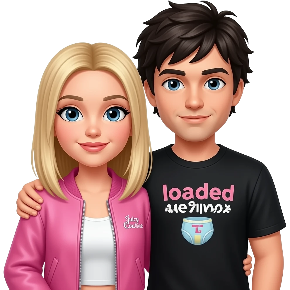 regina george with straightened blonde hair and a pink juicy couture jacket standing next to  rodrick heffley with eyeliner, black messy hair, and a black "loded diper" tshirt on. he has his arm around regina emoji