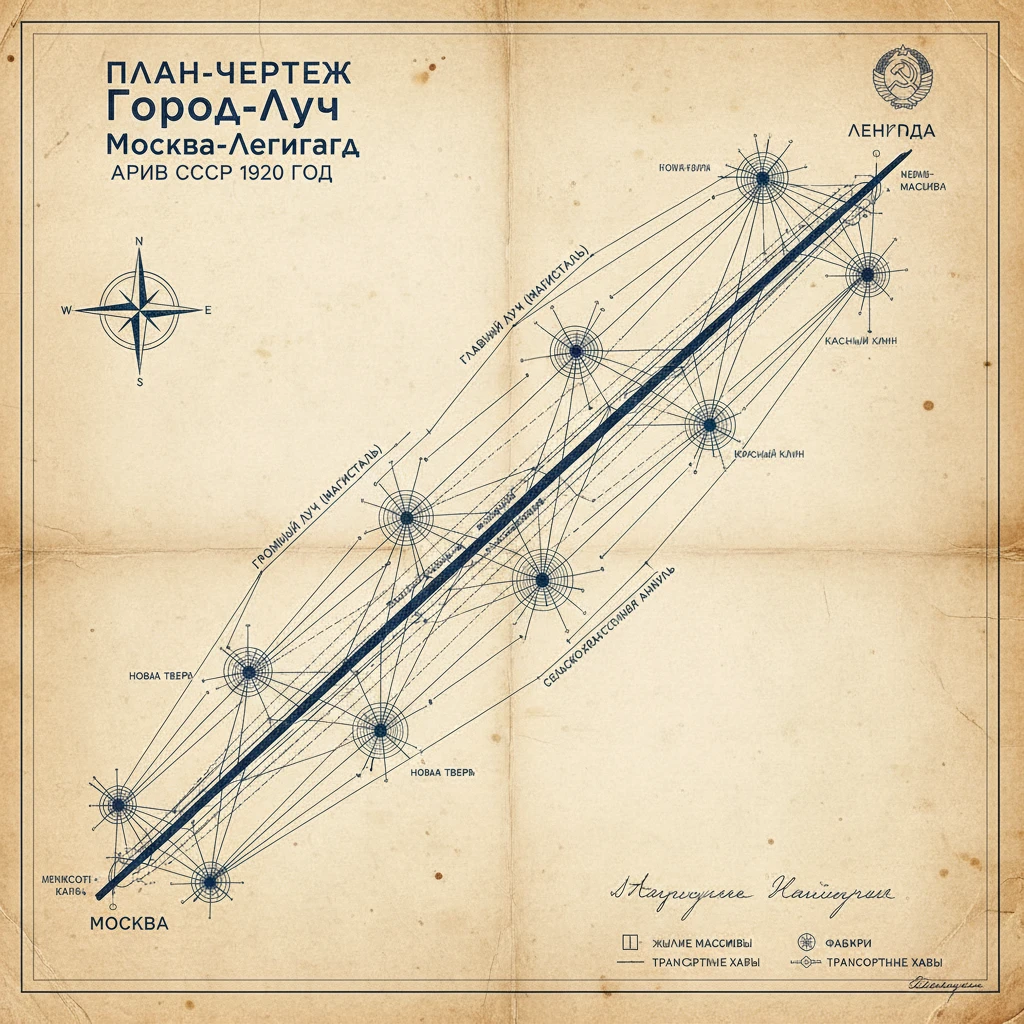 Город-луч от Москвы до Ленинграда

План-чертеж на карте. Архив СССР 1920 год emoji
