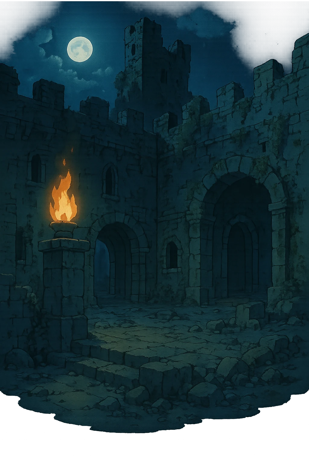 Midnight castle ruins torchlit courtyard emoji