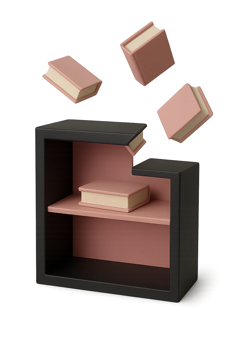 black and pink miniature bookshelf with floating books emoji