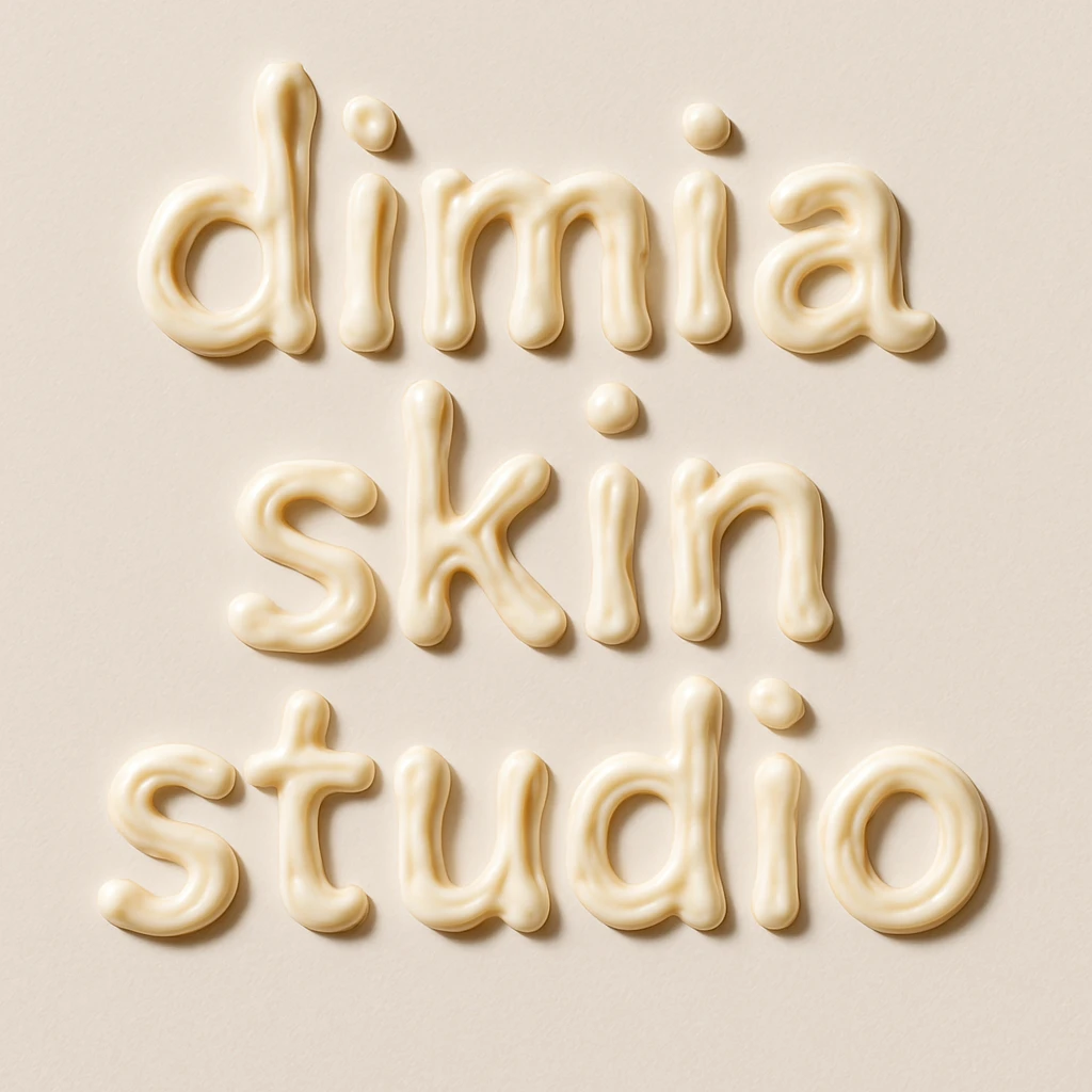 the words 'dimia skin studio' spelled out in creamy white sunscreen forming each letter, on a light background, realistic texture, playful and inviting, no people, no extra objects emoji