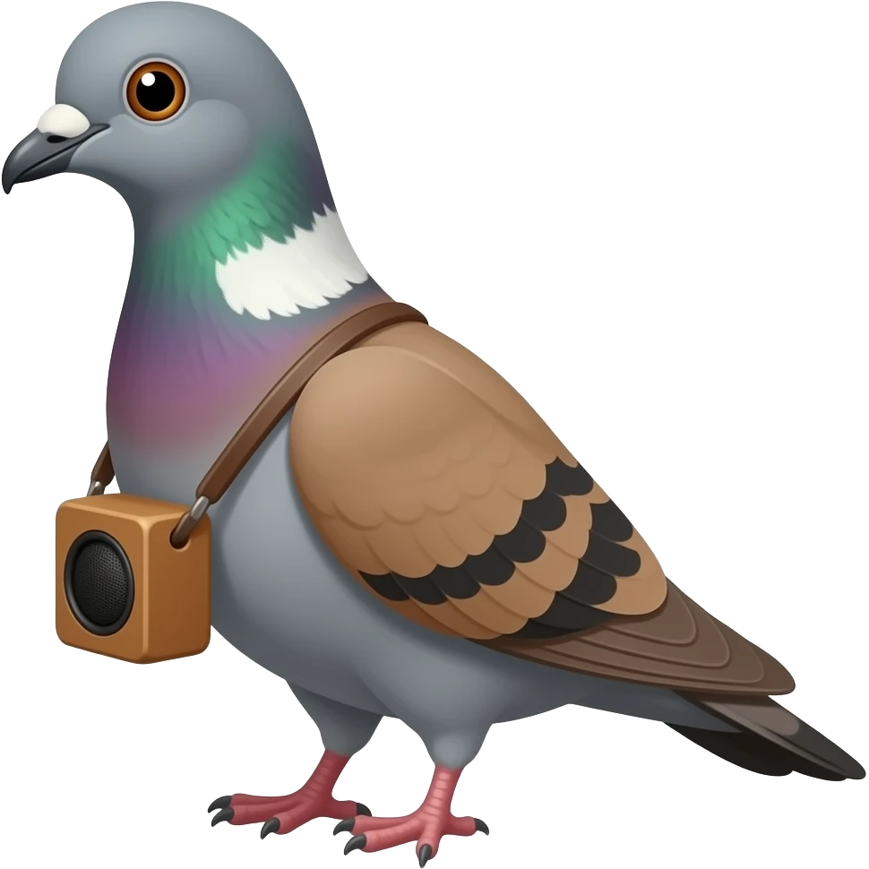 A messenger pigeon carrying a blue tooth speaker emoji