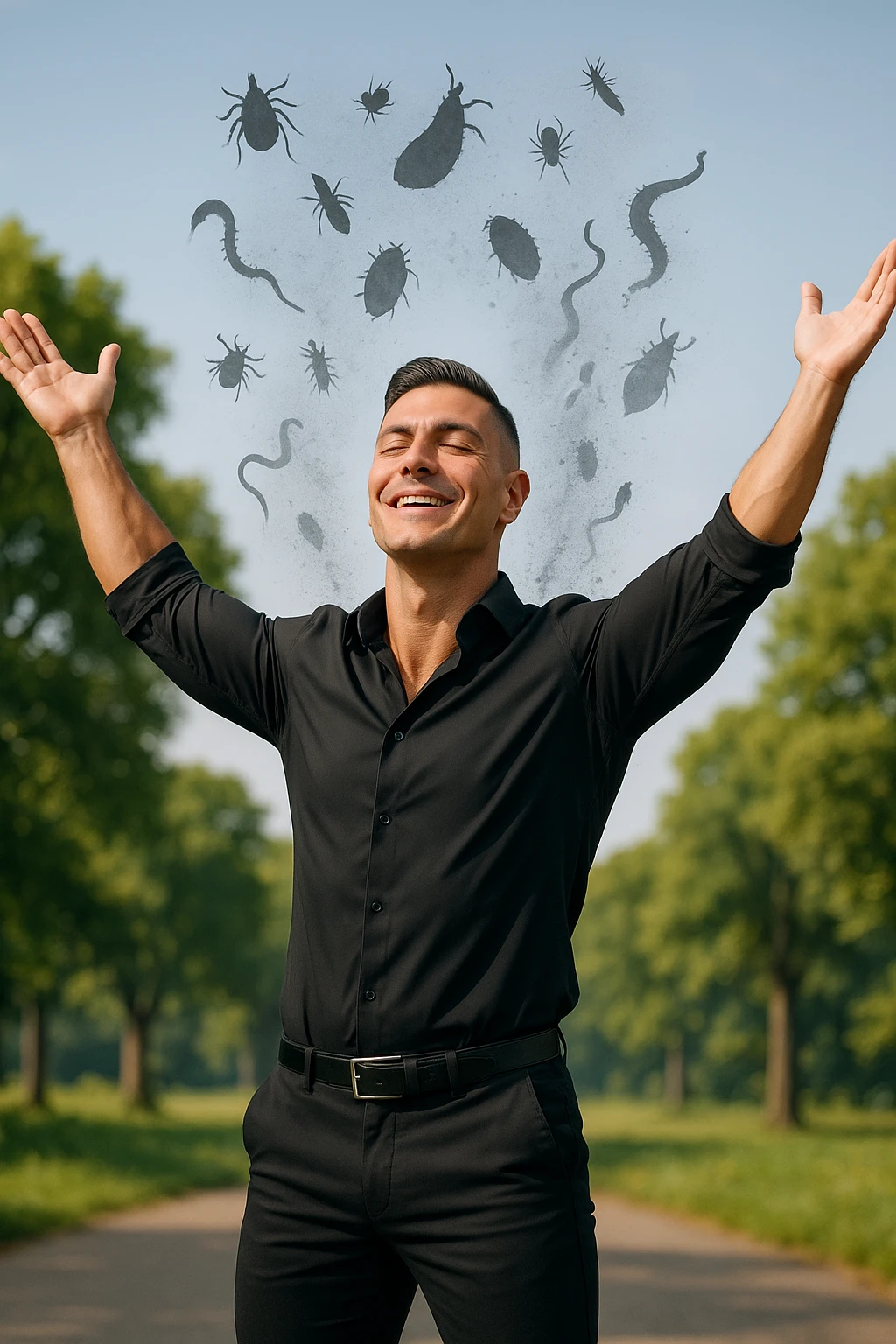 a man stands in uno studio clinico, arms raised in relief and joy, while faint, shadowy silhouettes of parasites fall away from his body and dissolve into the air. His posture is upright and energetic, his expression serene and healthy. The background features green trees and a clear sky, emphasizing liberation and restored well-being. emoji