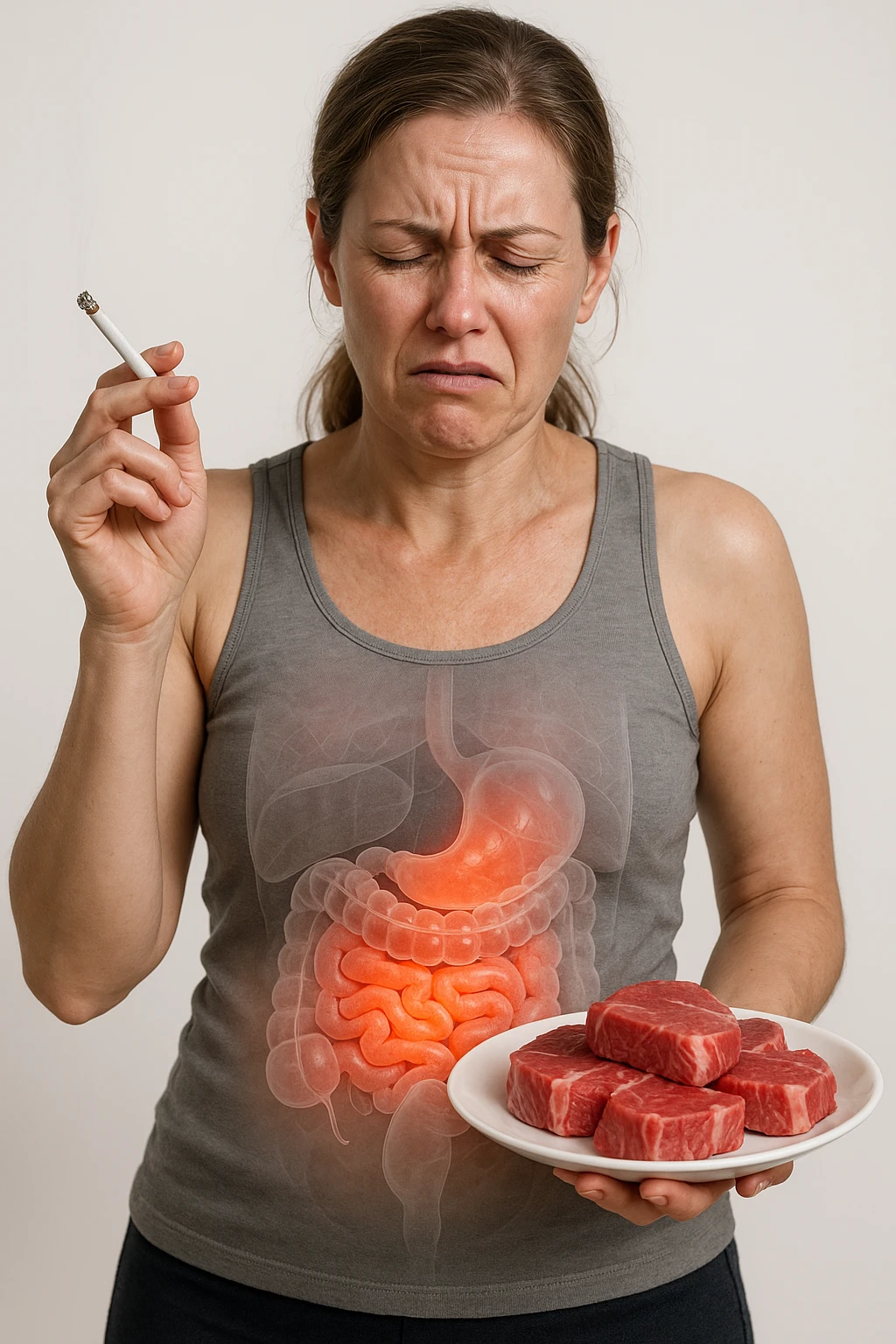 UNA DONNA REALISTICA CON UNA SIGARETTA IN MANO E UN PIATTO PIENO DI CARNE SIMMENTAL NELL'ALTRA MANO, INTESTINO ANATOMICO INFIAMMATO VISIBILE, MAL DI PANCIA, ISOLATA SU SFONDO BIANCO, IPERREALISTICA 4K emoji
