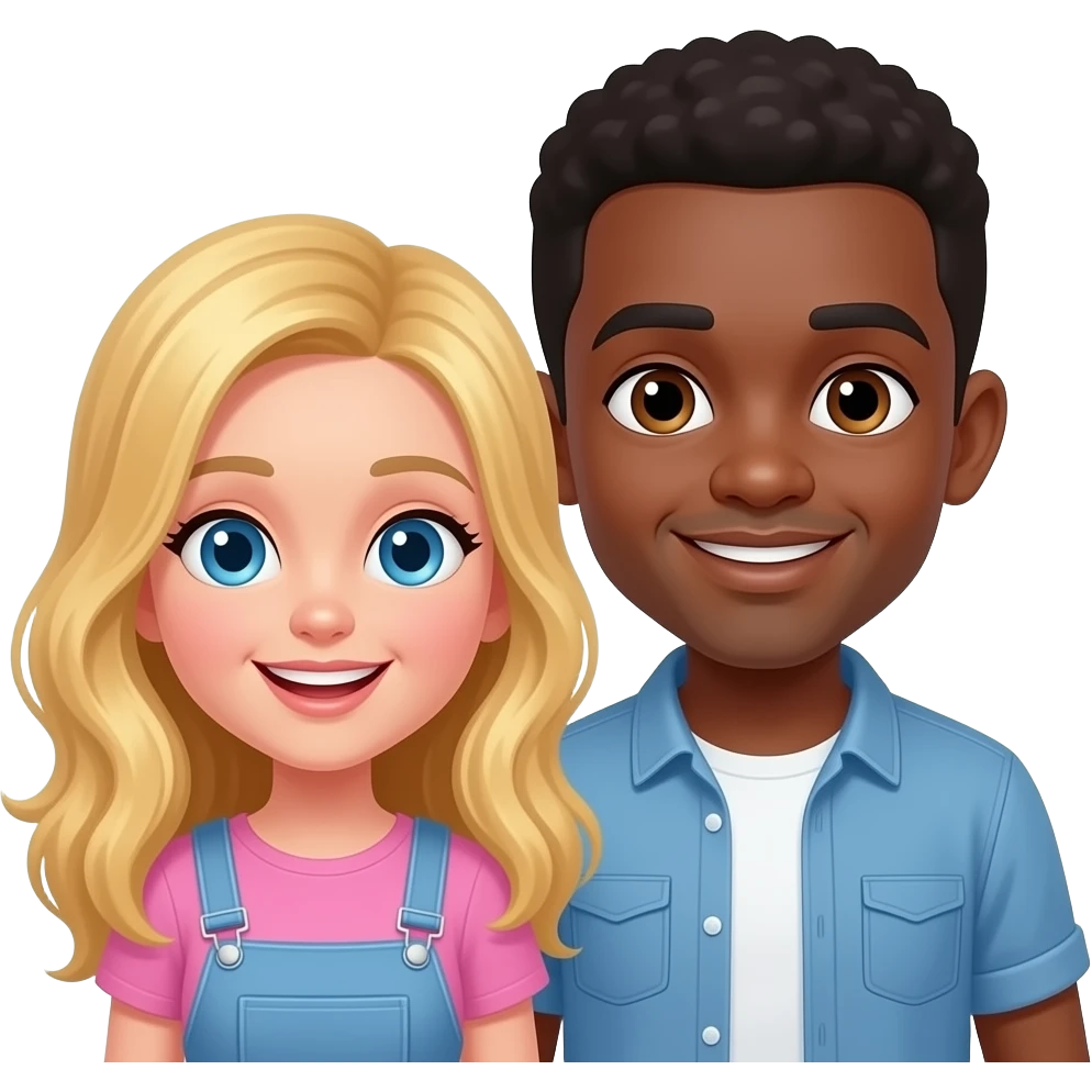 Blonde girl with blue eyes and African American man with black hair with brown eyes  having fun together emoji