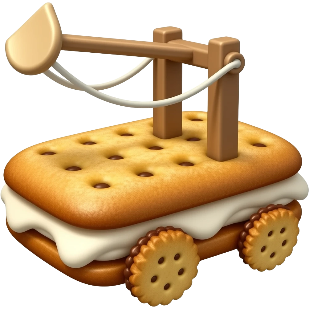 Catapult made out of cake on a cookie car emoji