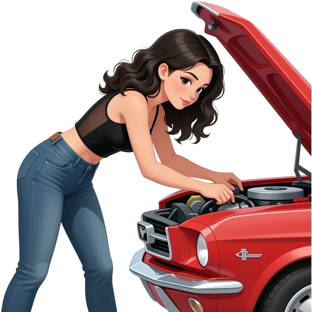 Pale girl with wavy jet black hair, seen from the side, bent forward and fixing the engine inside the open hood of a red ford mustang 1968 coupe. Girl wearing a sheer black sleeveless top and jeans. Legs wide spread emoji