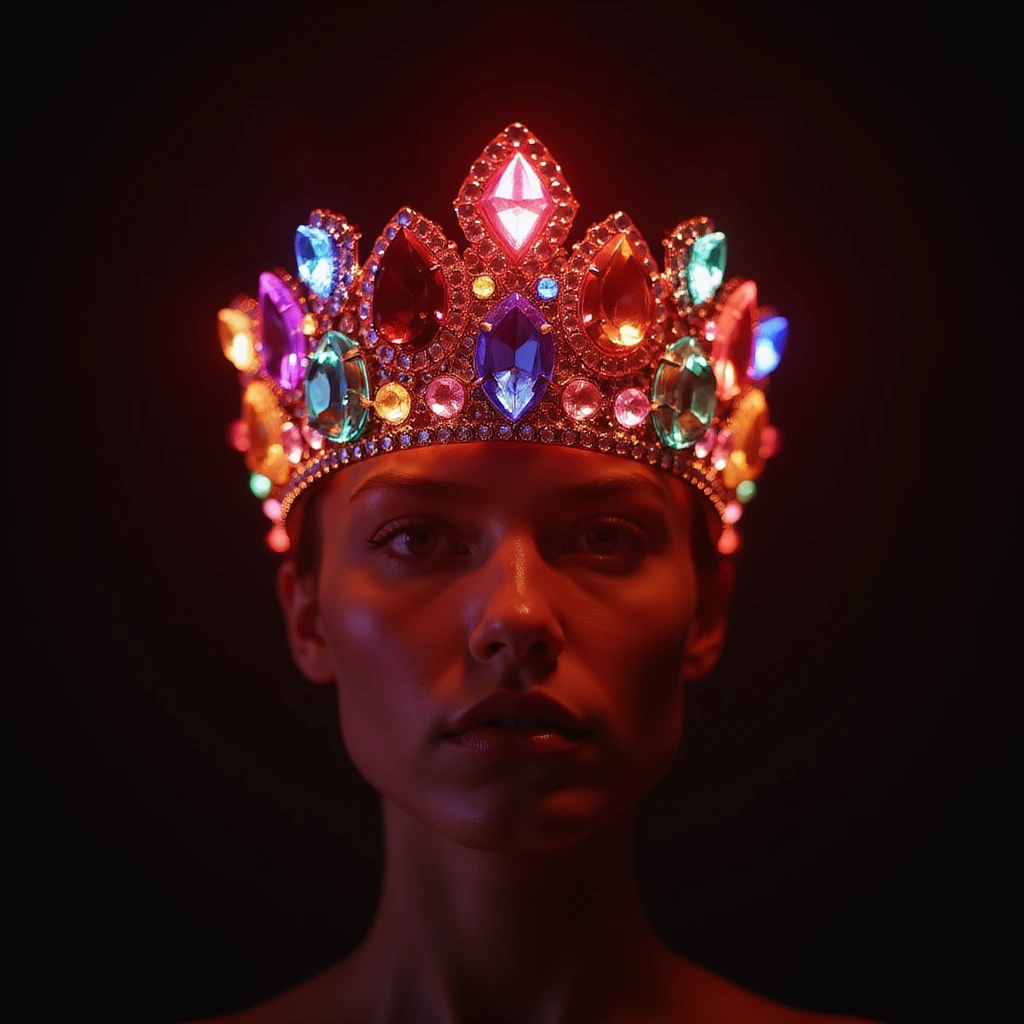 Remove the background, keep the crown realistic, glowing red, encrusted with colorful gems, dramatic lighting, with no background (transparent). emoji