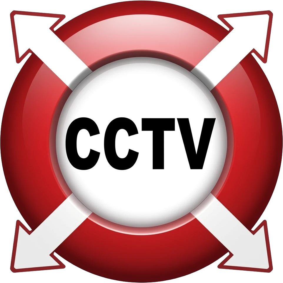 Red filled circle with white X and arrow on all end points on the X white circle in the middle. Big bold CCTV word in the centre in black emoji